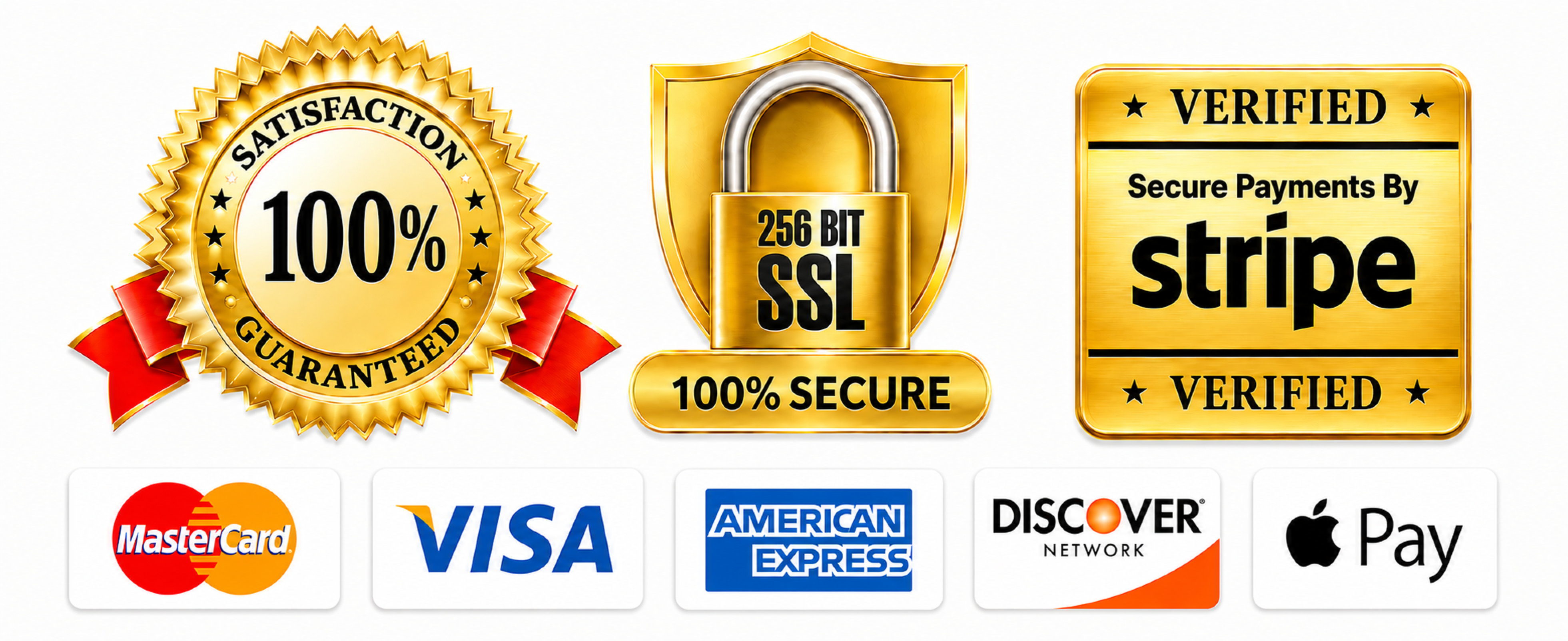 100% satisfaction guaranteed, 256-bit SSL secure checkout, verified Stripe payments, and supported payment methods
